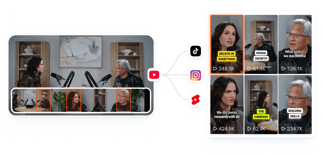 AI transforms a landscape podcast video into multiple vertical short-form clips with subtitles